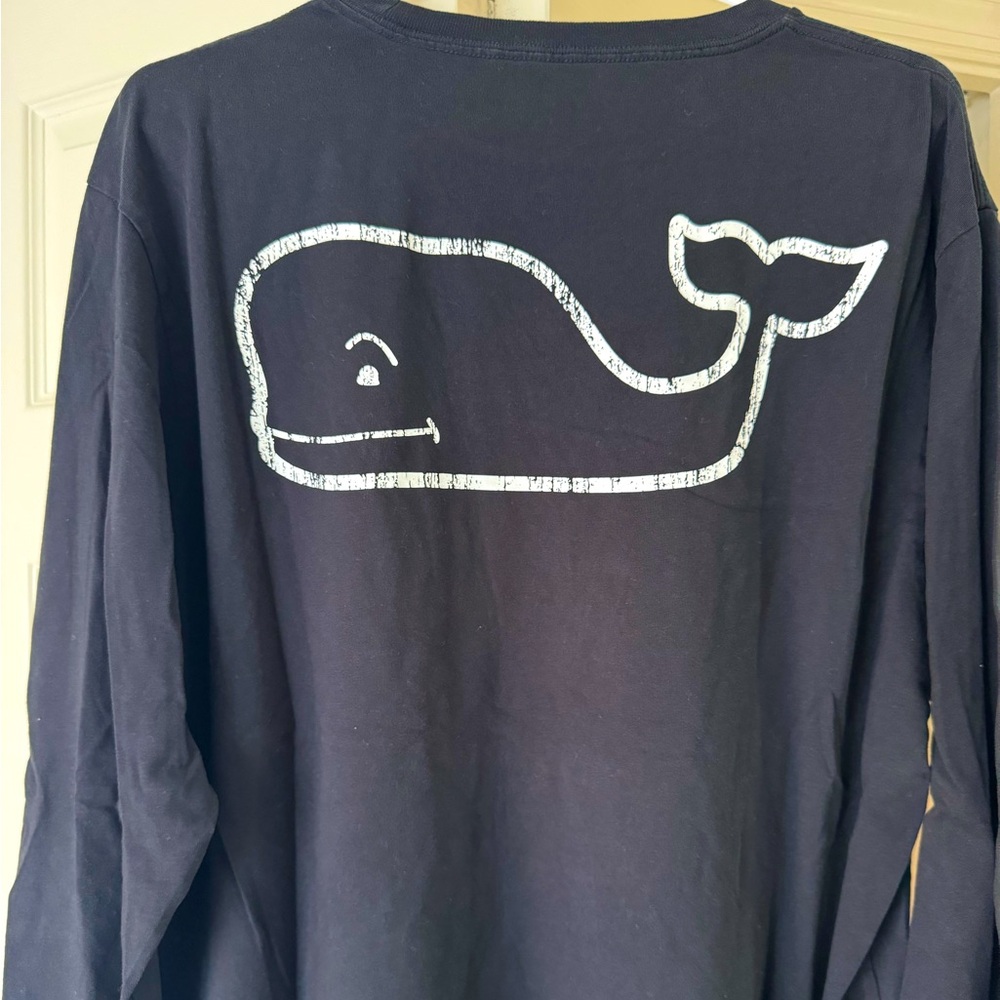 Vineyard Vines black long sleeve shirt with white whale decal on front and back